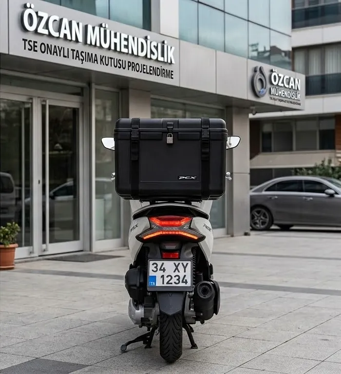 Motosikletinizin arka açıdan fotoğrafı, taşıma kutusu gözükecek şekilde.